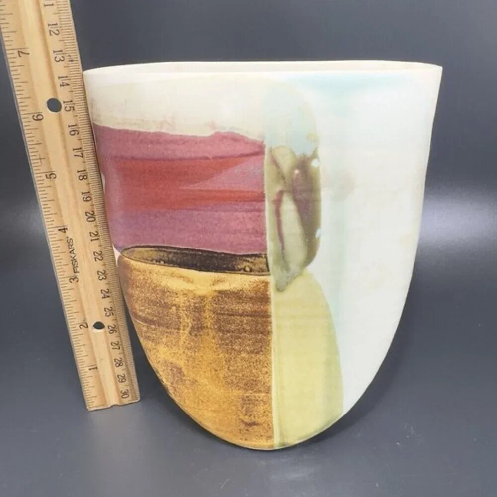 Vintage Hand Made Pottery Vase Vessel Flat Side Stoneware Art Marked Vase Vessel